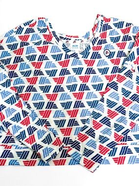 Aldi Gear Women's Long Sleeve V-Neck Tee in Red & Blue Logo Print